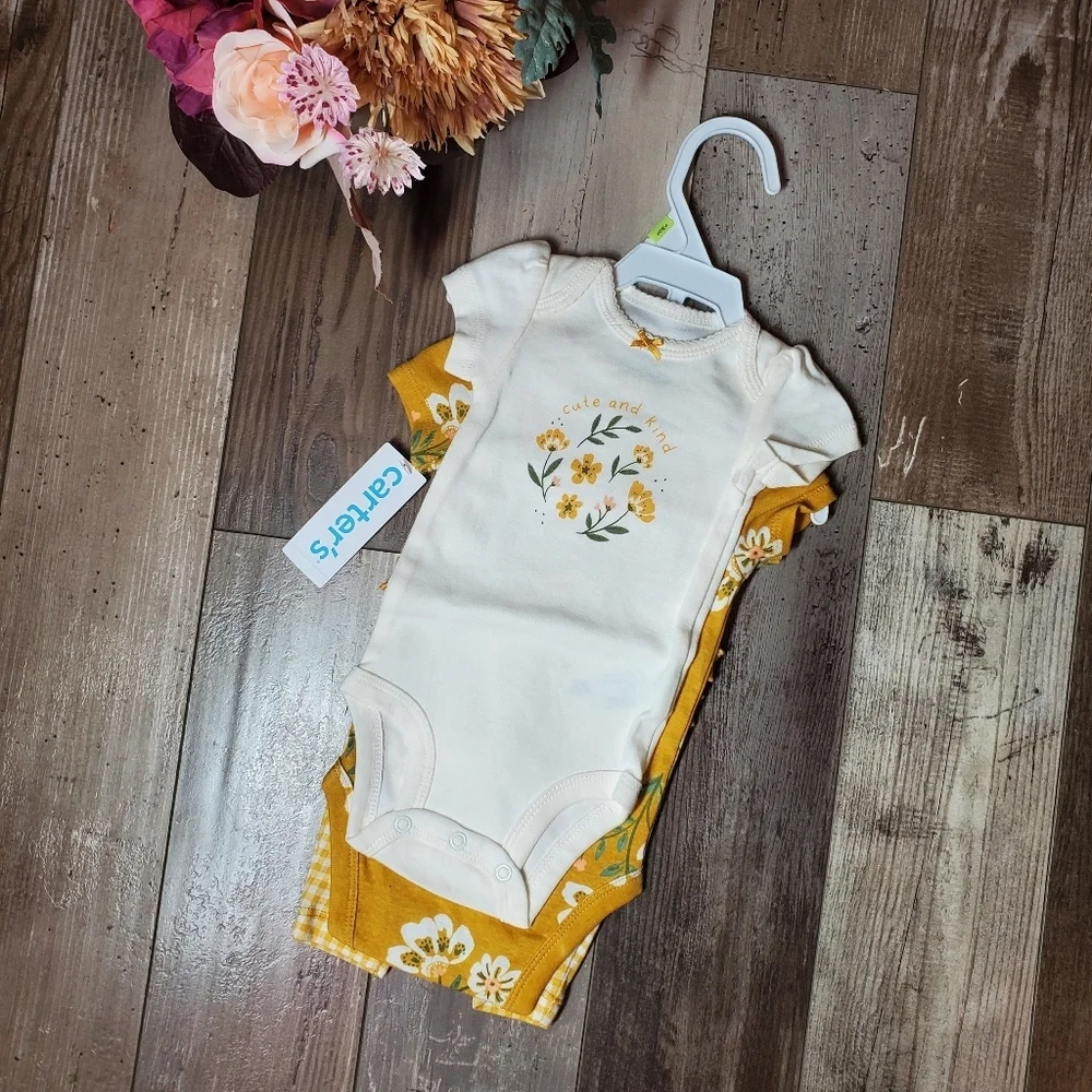 NWT Carter's Mustard Yellow and Cream 3pc Baby Outfit Size 3m 100% Cotton